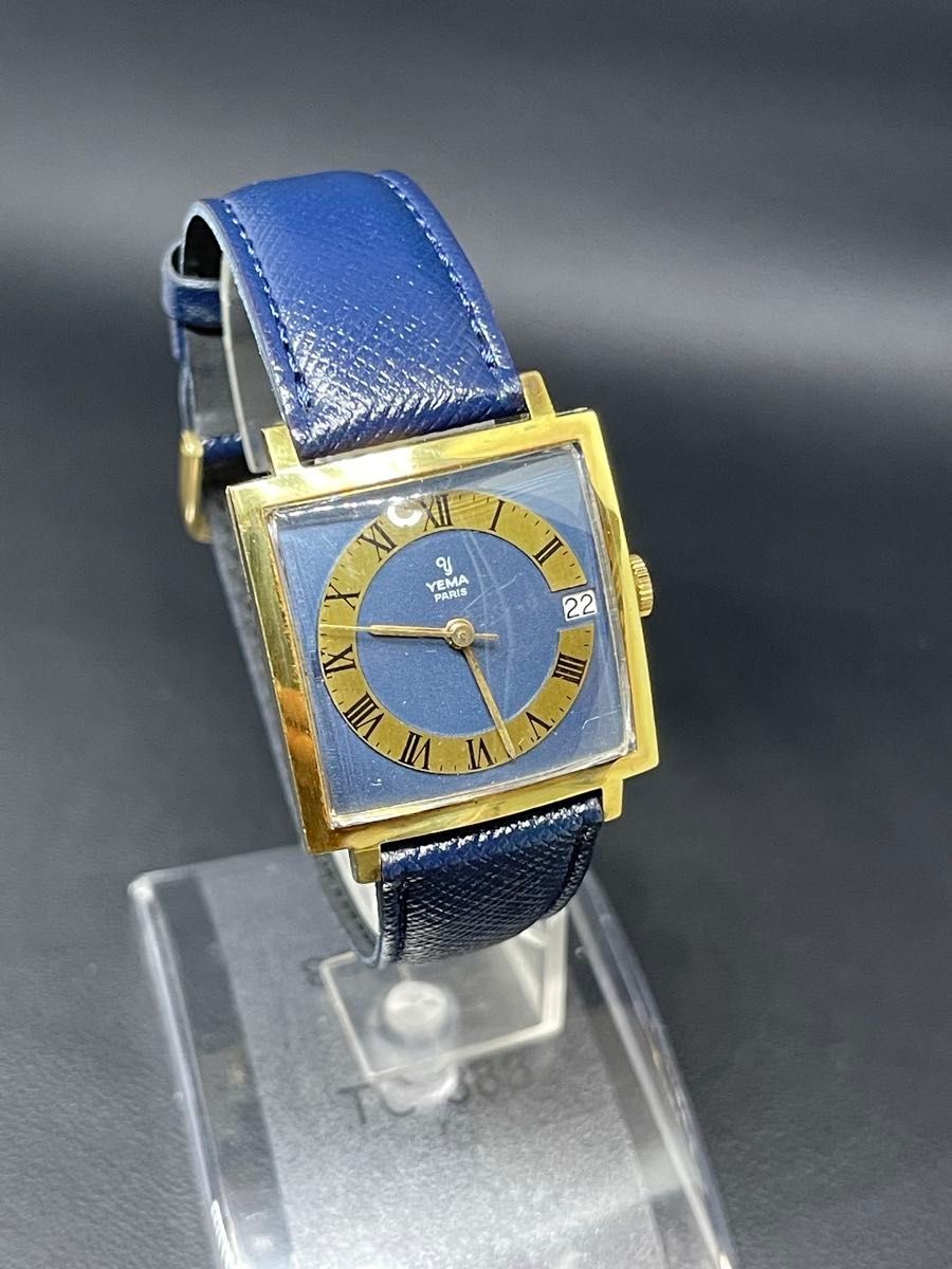 Rare YEMA PARIS Vintage Square Manual Wind Watch Blue Dial Date Gold Case