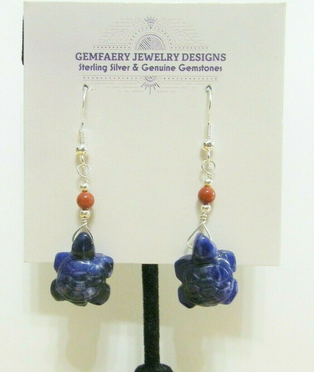 Sterling Silver Carved SODALITE Turtle Gemstone Dangle Earrings…Handmade USA