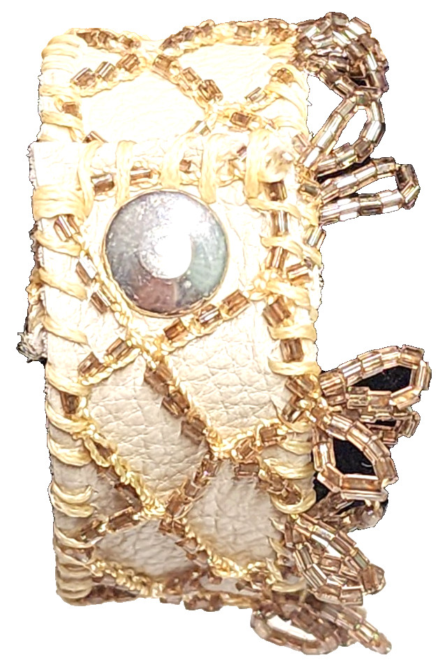 Handmade Cream White Genuine Leather Champagne Glass Beaded Cuff Bracelet Boho