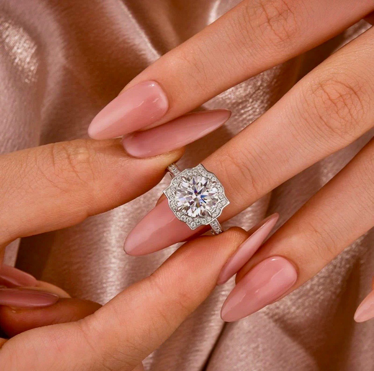 3.0Ct Halo Round Moissanite White Gold Engagement Ring & 1.65Ct Band Set Wedding