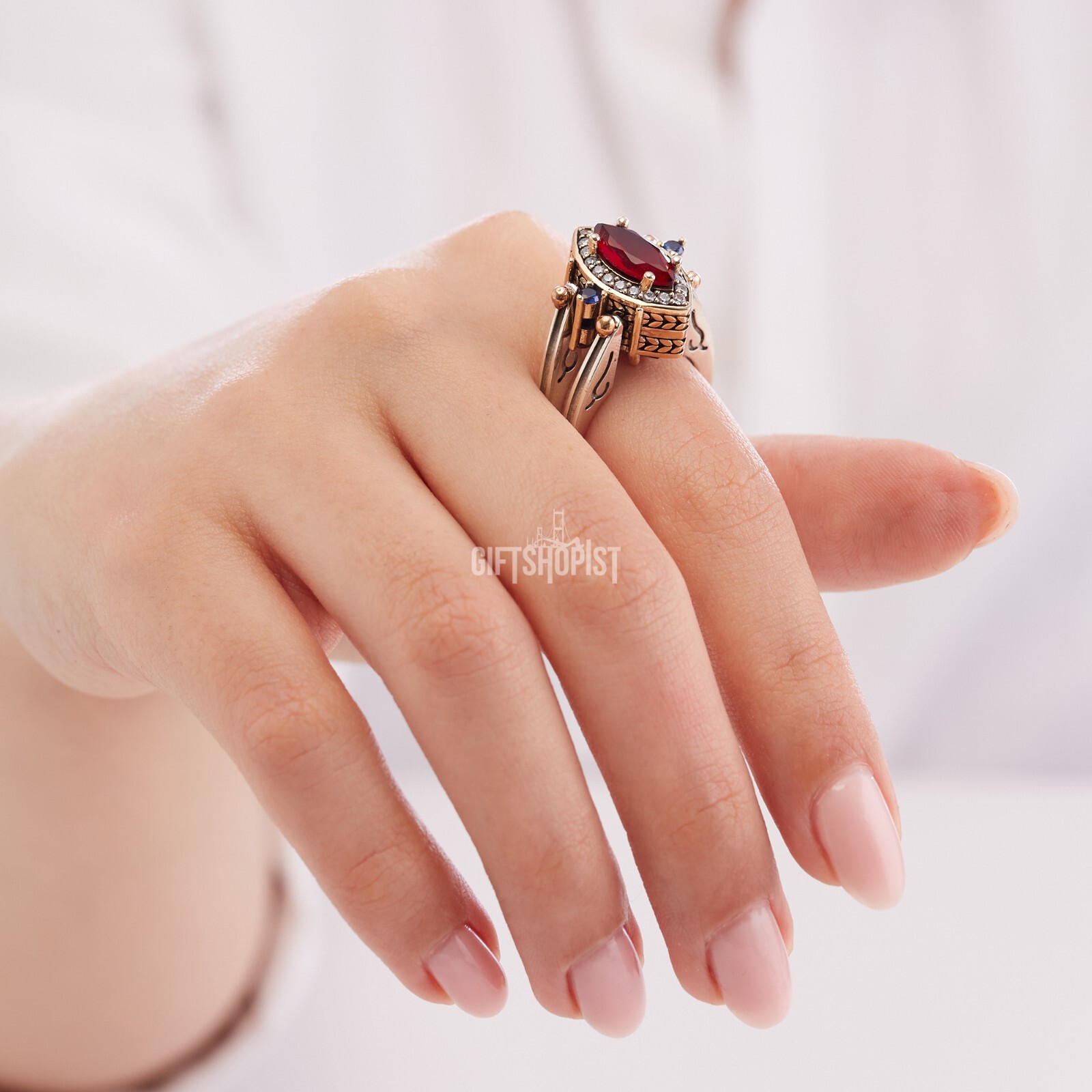 Turkish Reversible Marquise Sapphire Ruby Topaz 925 Sterling Silver Ring Size