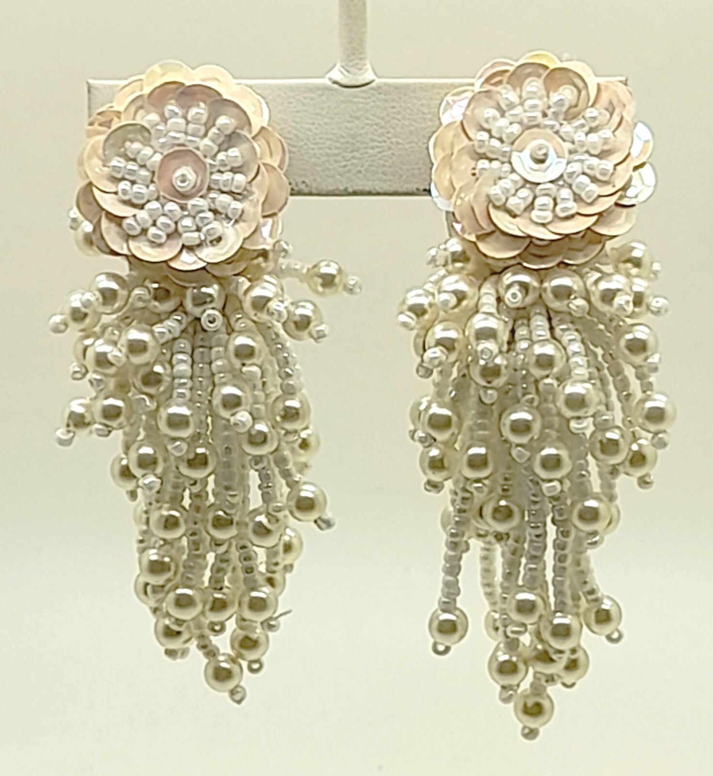Vintage Handmade cream seed beaded sequins clip on drop/Dangle fashion earrings