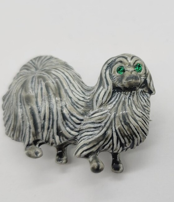 Shih Tzu Dog Brooch Pin Rhinestone GREEN Eyes signed Gerry’s Vintage