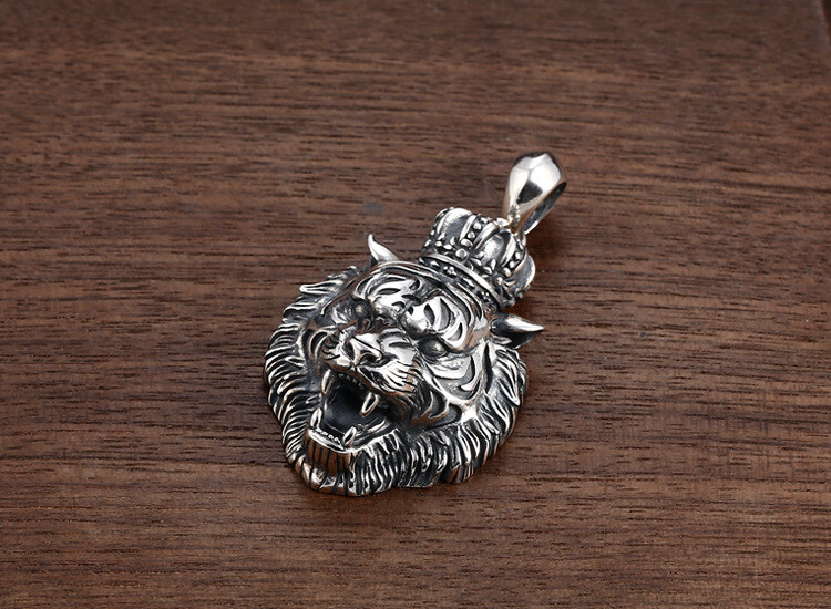 1PC S925 Silver CROWNED TIGER KING Pendant Roaring Gothic Biker Mens 15g STAMPED