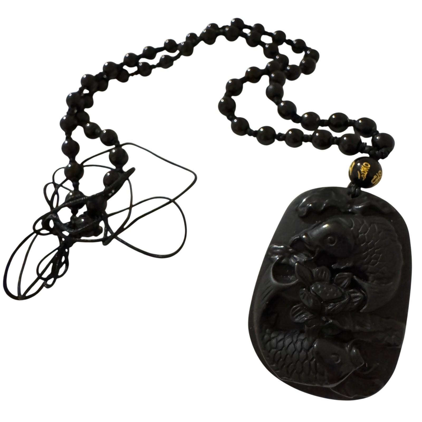 Black Obsidian Koi Fish Lotus Pendant Necklace Carved Stone Beaded Mantra Charm