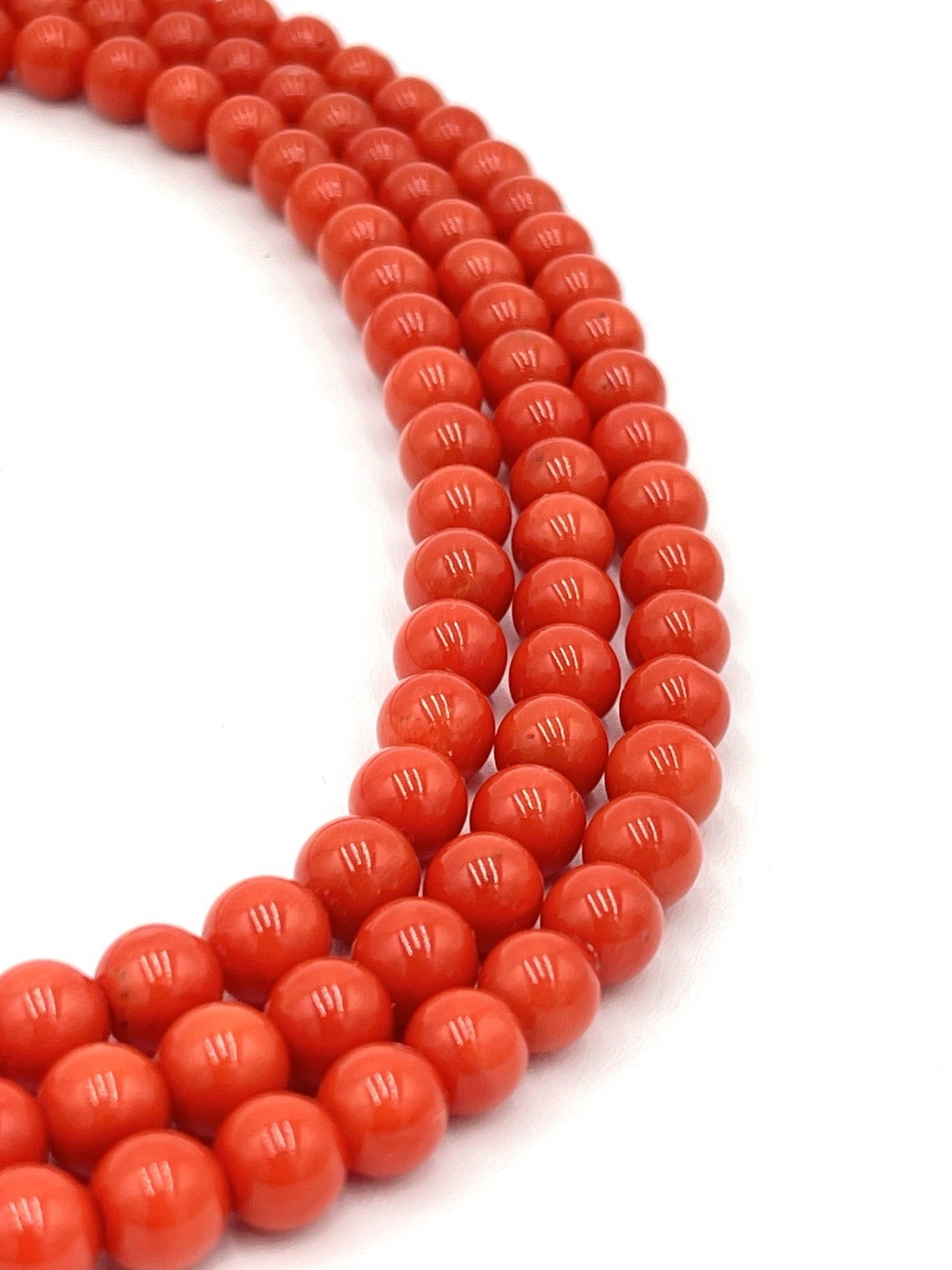 Natural Mediterranean Red Coral 3 Strand Necklace 7mm 18Kt Gold Made in Italy