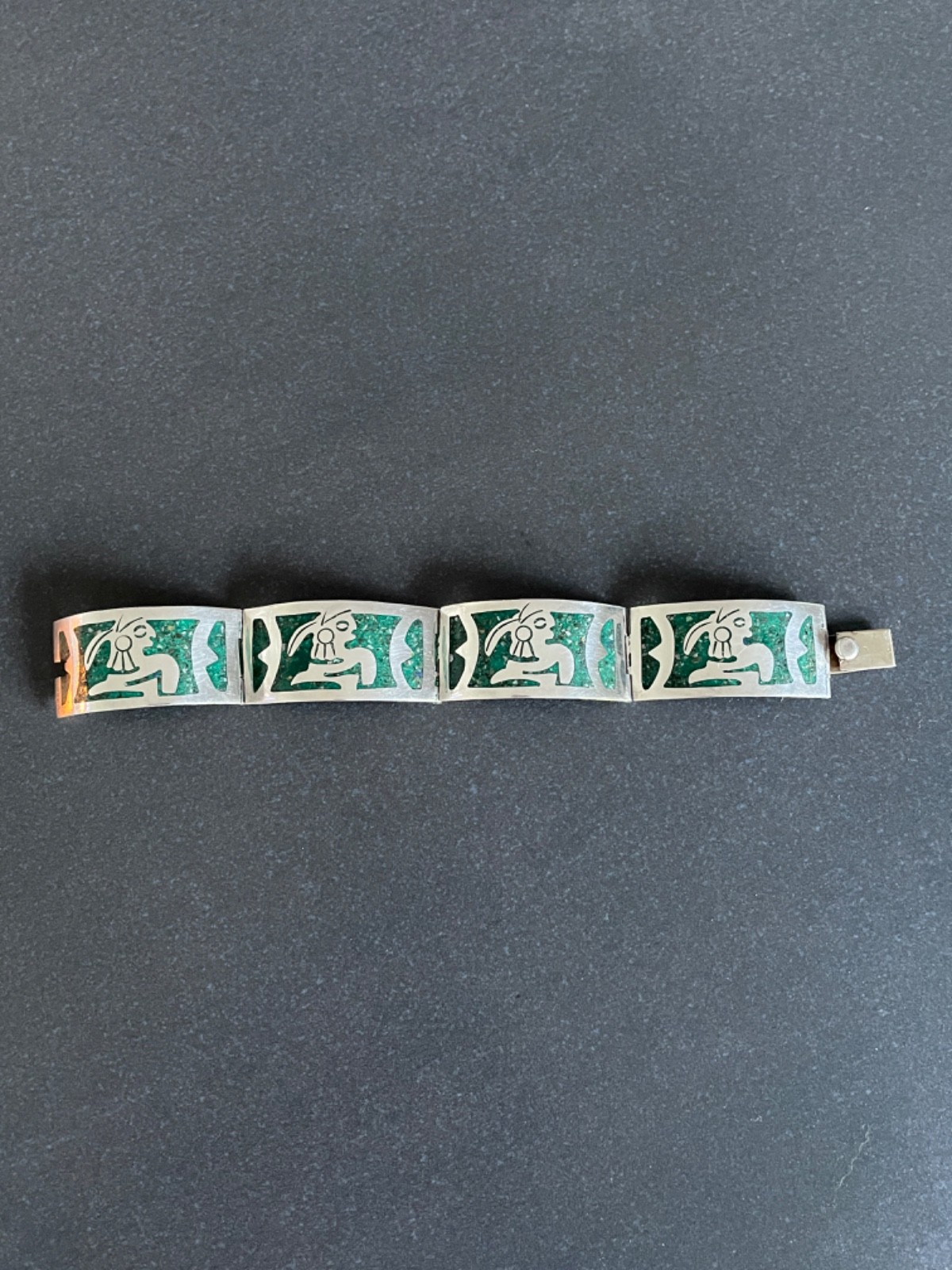 Solid 925 Silver Bracelet from Taxco Mexico Handmade with Green Stone Inlay
