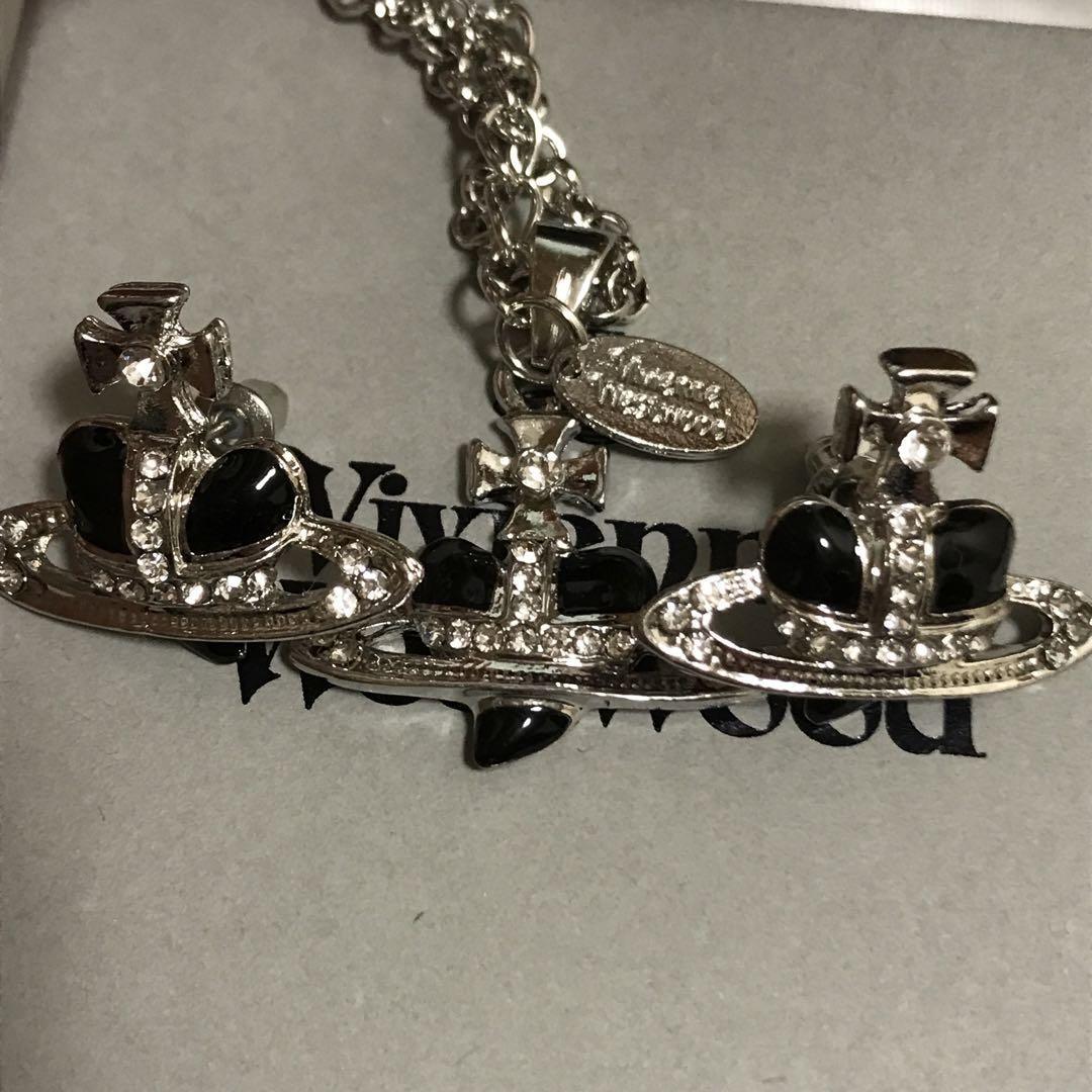 Vivienne Westwood Diamante Heart Silver Black Necklace Earrings Set NO BOX