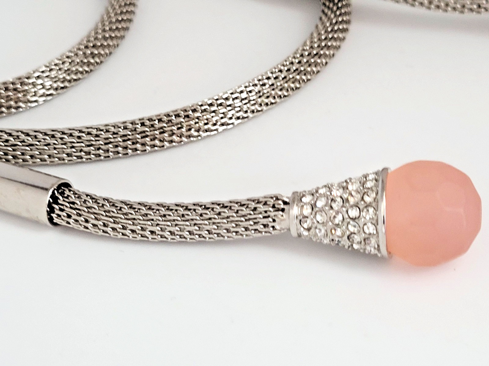 Jewelmint Silver Tone Mesh Chain Necklace Lariat Rhinestone Peach Lucite Caps