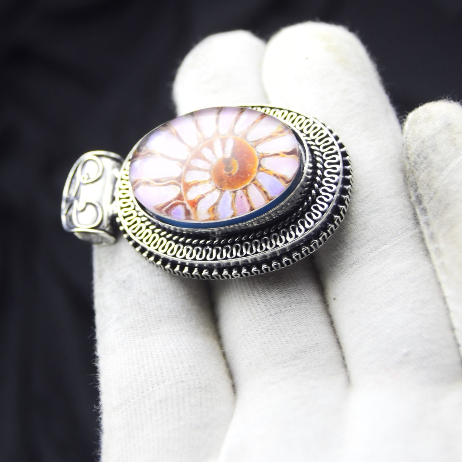 925 Sterling Silver Ammonite Fossil Gemstone Pendant Handmade Jewelry Size-1.75″