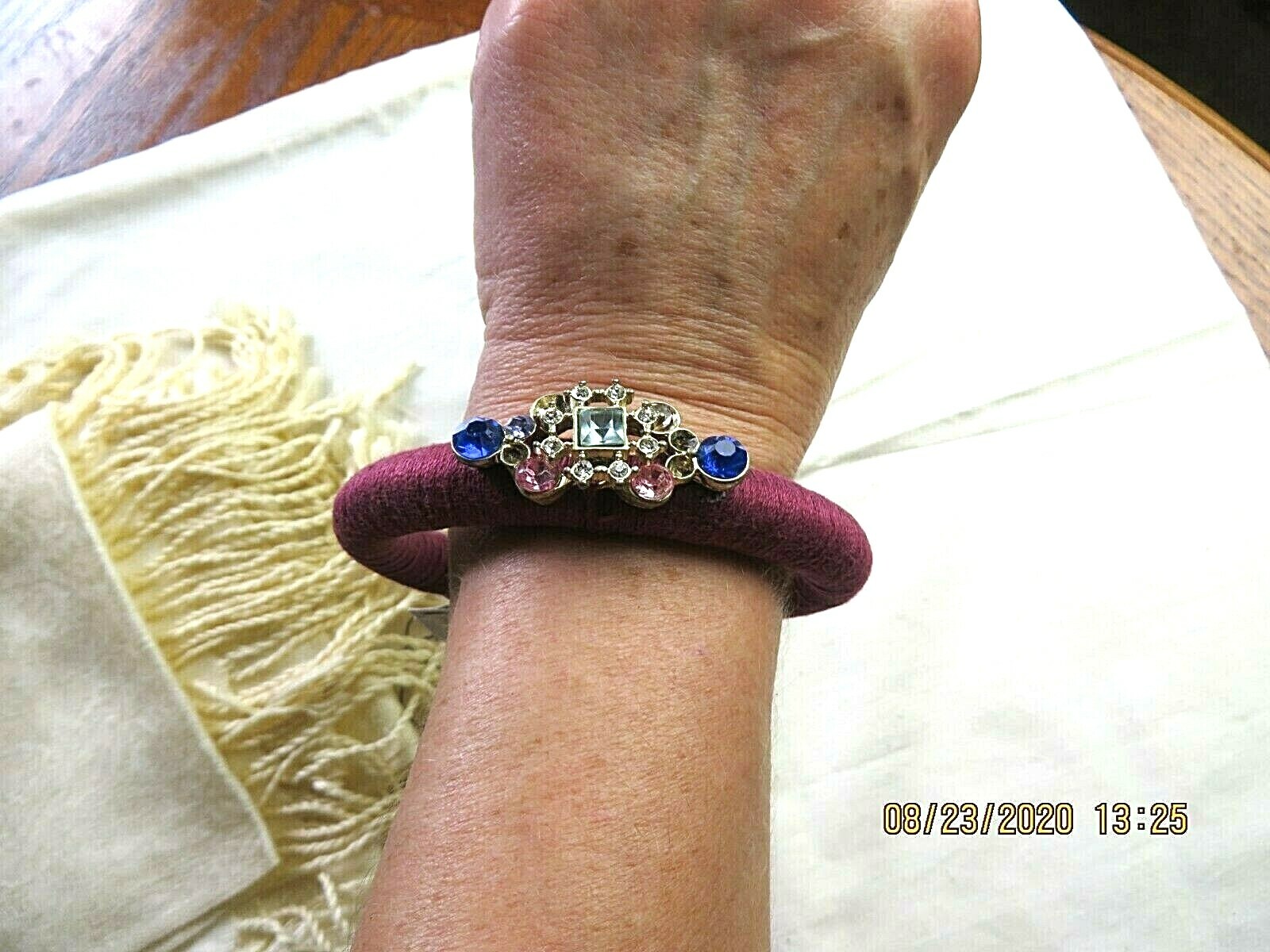 MACYS Fashion Silk Thread Wrapped Bangle Bracelet Crimson-Rose Red Beaded Center