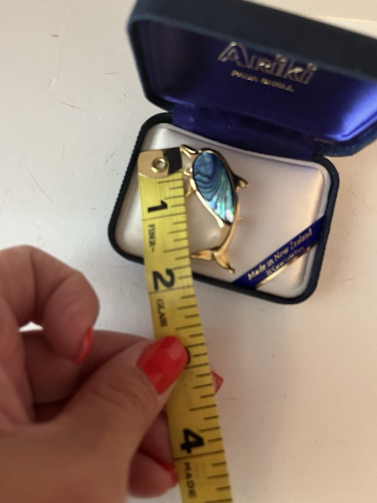 Ariki Paua Shell Dolphin Brooch 22k Gold Plated Original Box