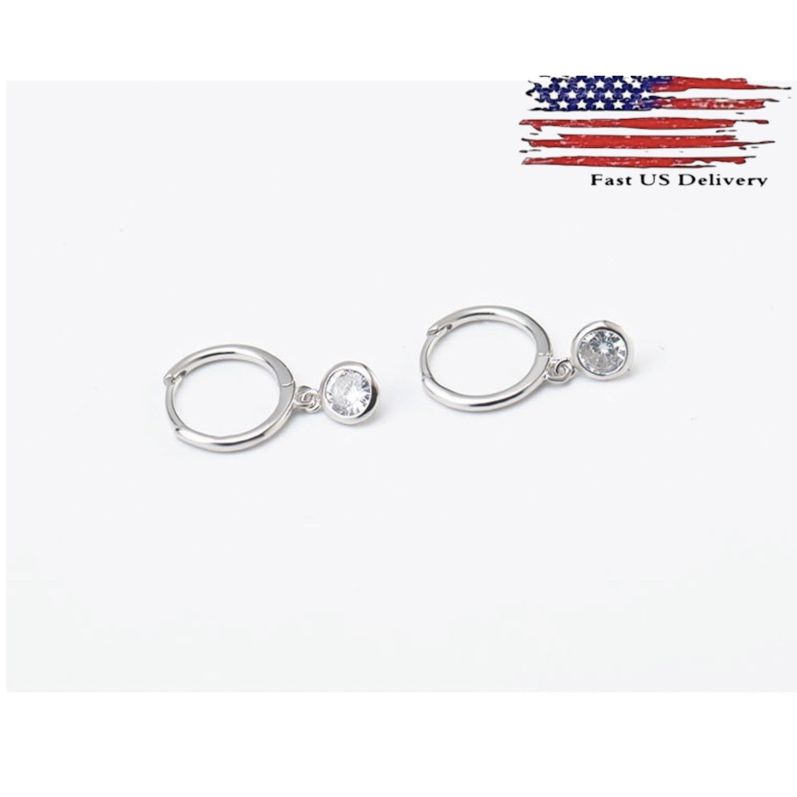 925 Sterling Silver Dangle Clear Round CZ Small Huggie Hoop Earrings 12mm B51