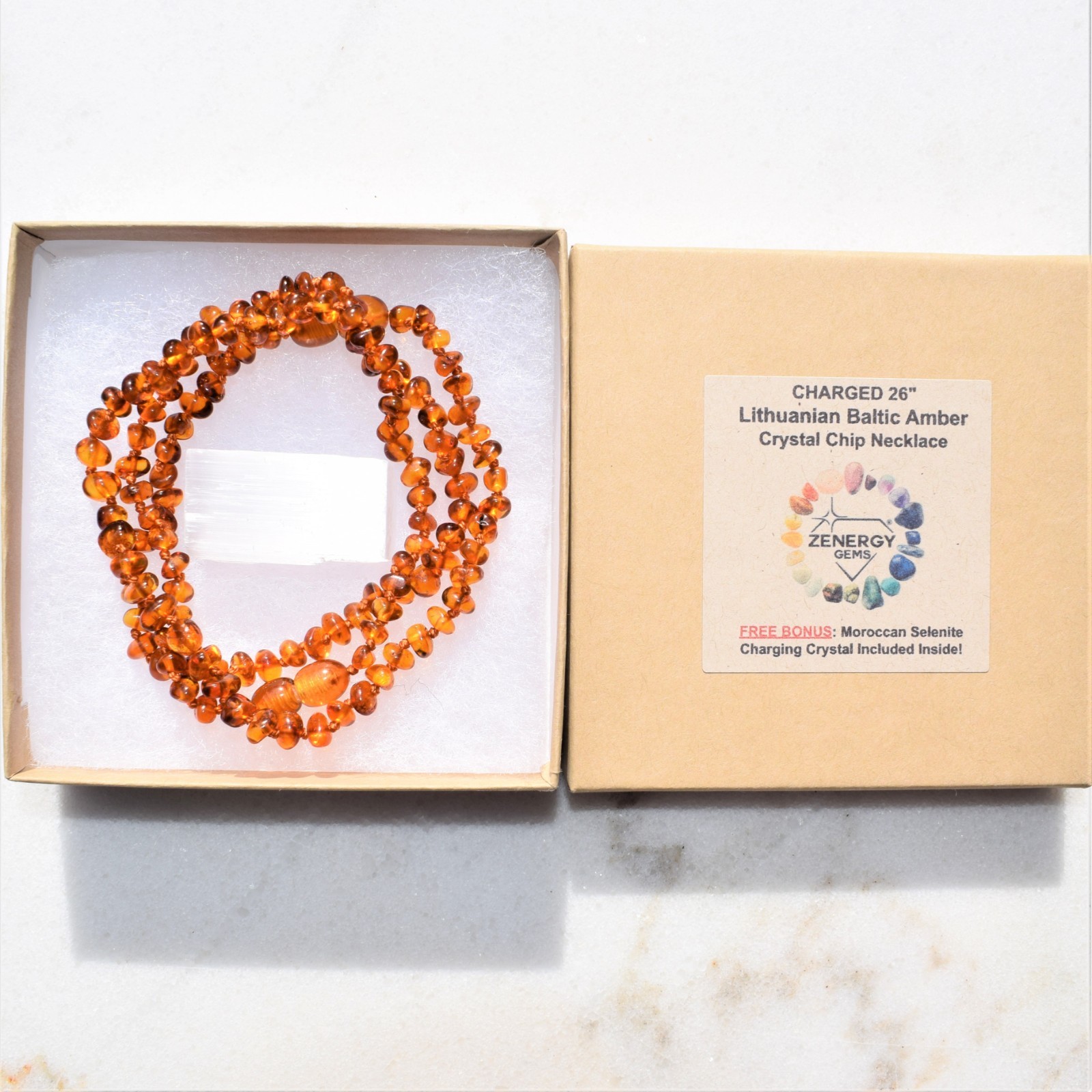 CHARGED Natural Lithuanian Cognac Baltic Amber 24″ Necklace + Selenite Charger