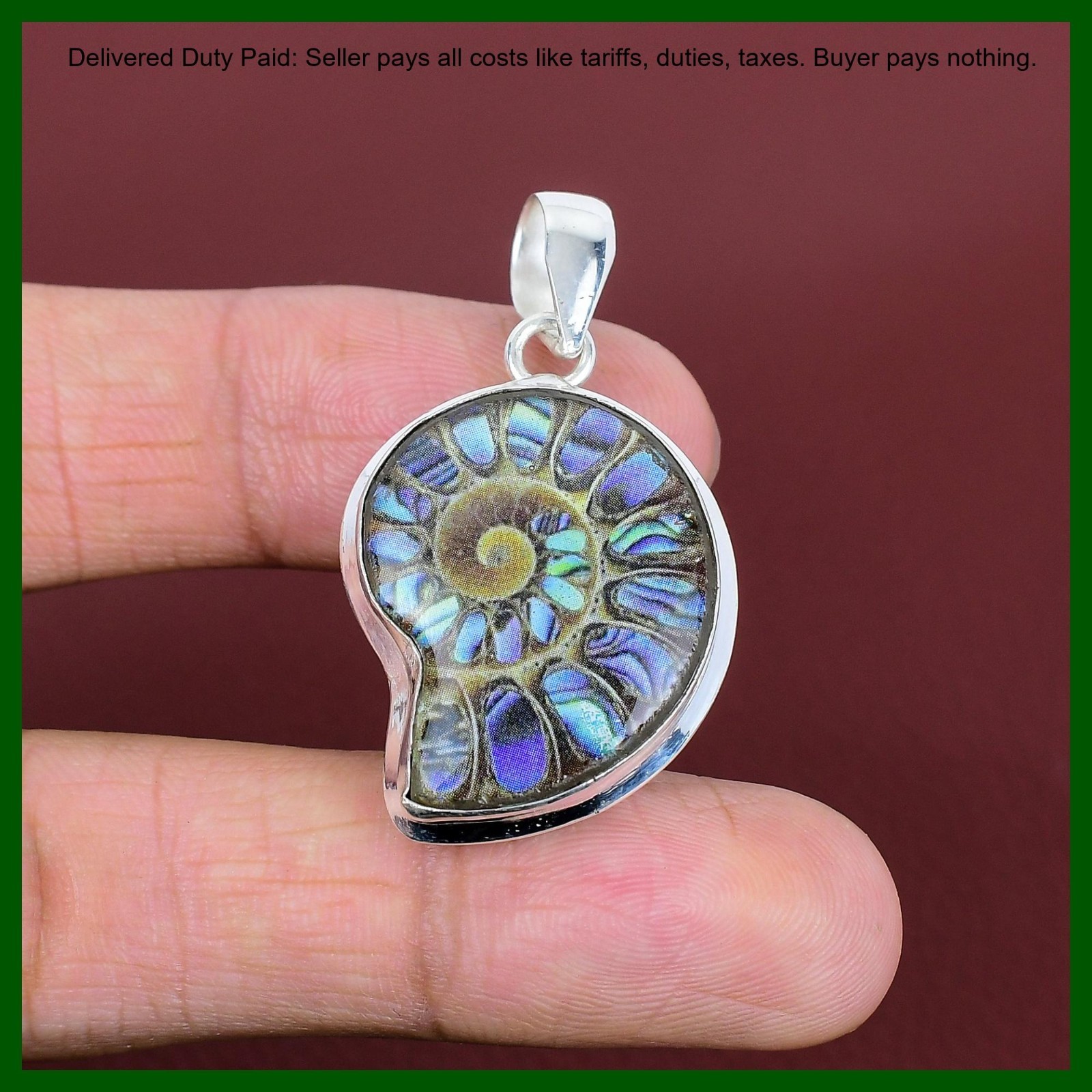 925 Silver Abalone Shell In Ammonite Doublet Opal Gemstone Bezel Pendant Jewelry