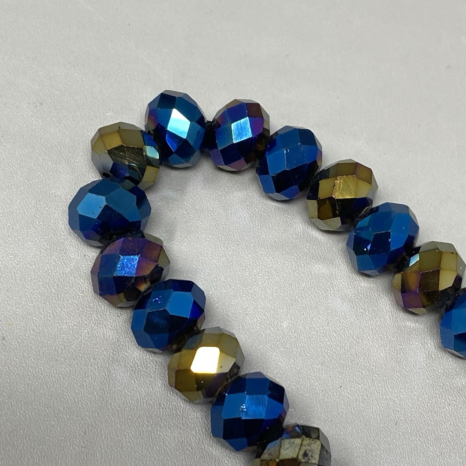 Blue Brown Metallic Bead Bracelet Stretch Faceted Glass Coated Iridescent 6.75″