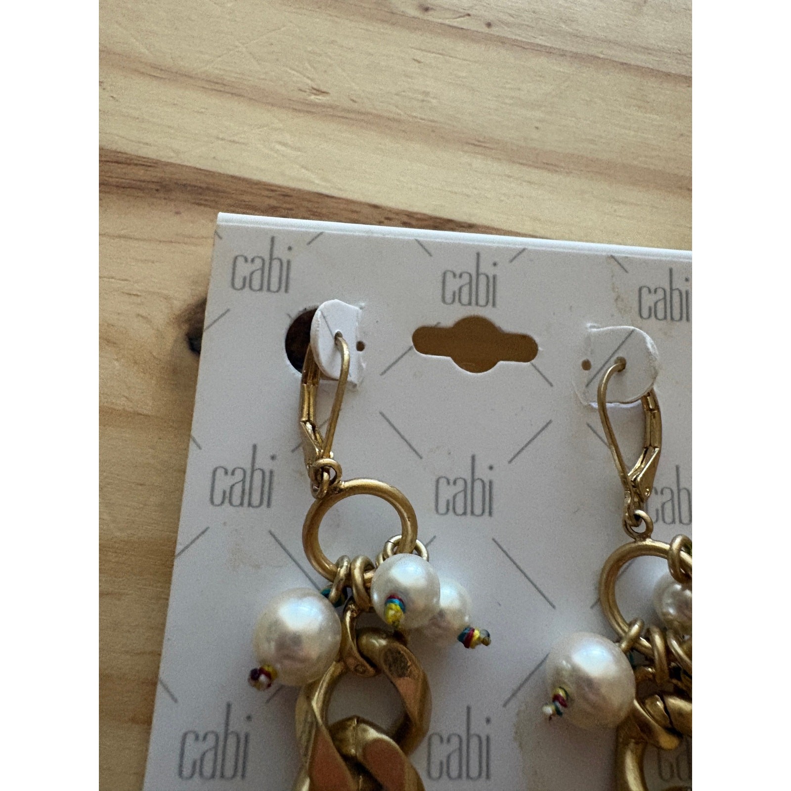 Cabi Wisdom Earrings Brushed Gold Color Chain Faux Pearls Dangle