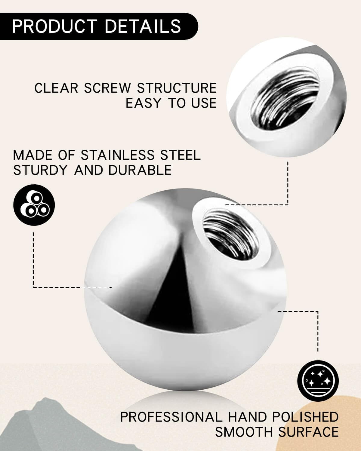 60Pcs 16G Piercing Balls Replacement Spikes 3mm,4mm,5mm, Silver