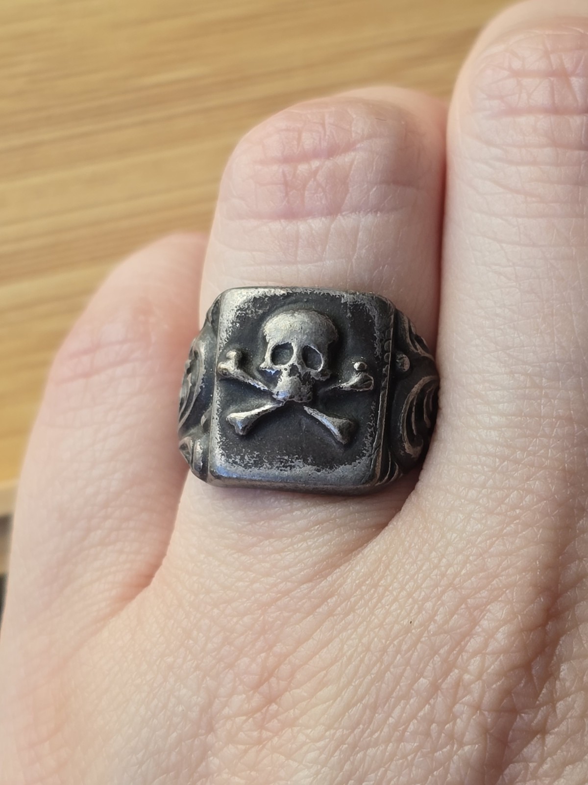 Antique Rare Memento Mori Silver Ring Skull & Bones