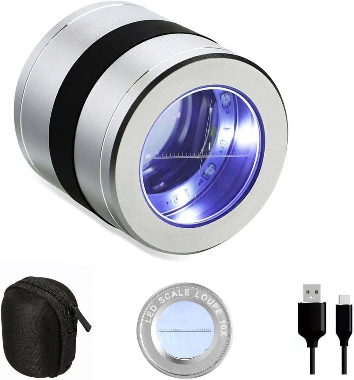 10X Jewelers Loupe Magnifier with LED/UV Lights and Scale, USB Rechargeable J…