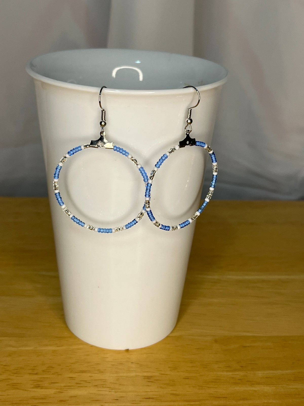 Handmade Beaded Earrings – Blue White Silver hoops