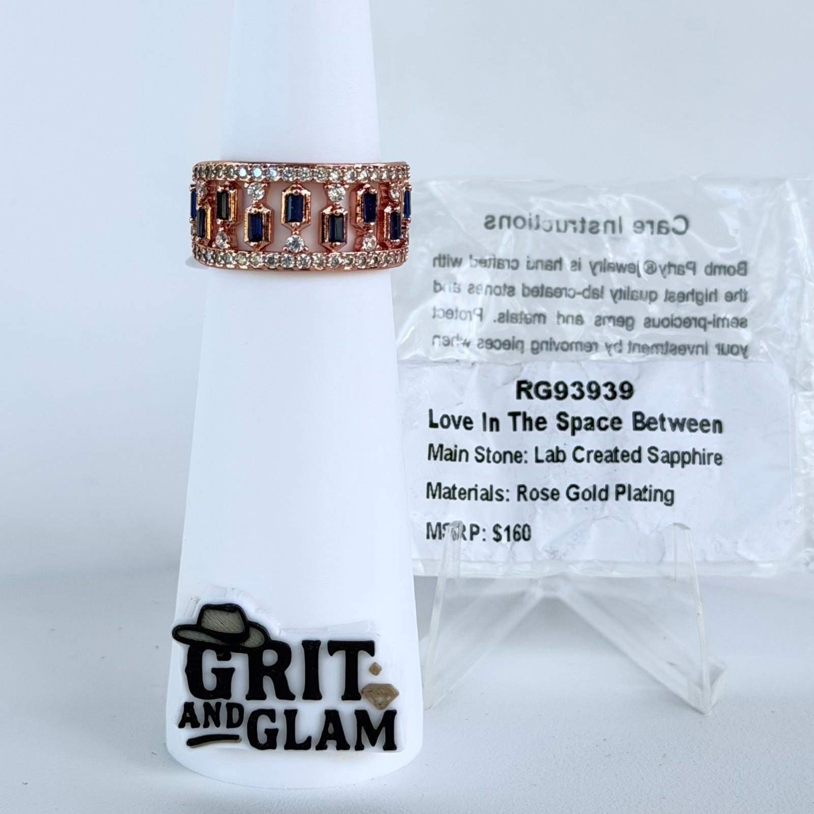 Bomb Party September Ring Sz 9 “Love In the Space Between” LC Sapphire Rose Gold