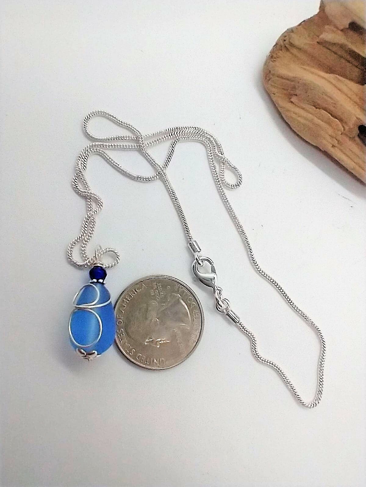 Cobalt Blue “Loop” Sea Glass Pendant Silver Snake Chain Necklace 18 Inch