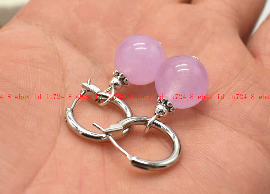 Genuine 8/10/12mm Light Purple Jade Round Gemstone Beads Leveback Earrings