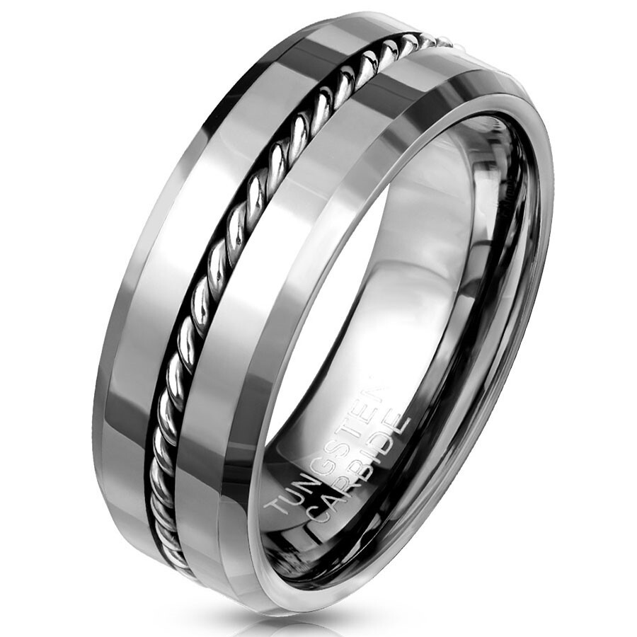 Tungsten Carbide Men’s Ring Silver Polished Steel Wire Rope Stripe Wedding Band
