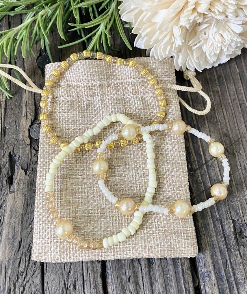 Glass Bead Stretch Bracelet Set, 3 Pieces, Gold & White Beads