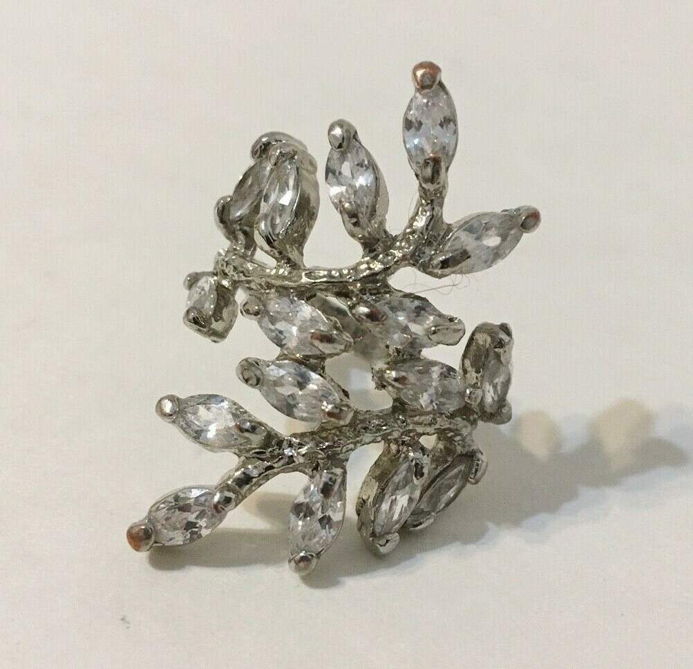 Twig Cocktail Ring Wrap Style Leaf Flower Silver Tone Metal Crystal Rhinestones