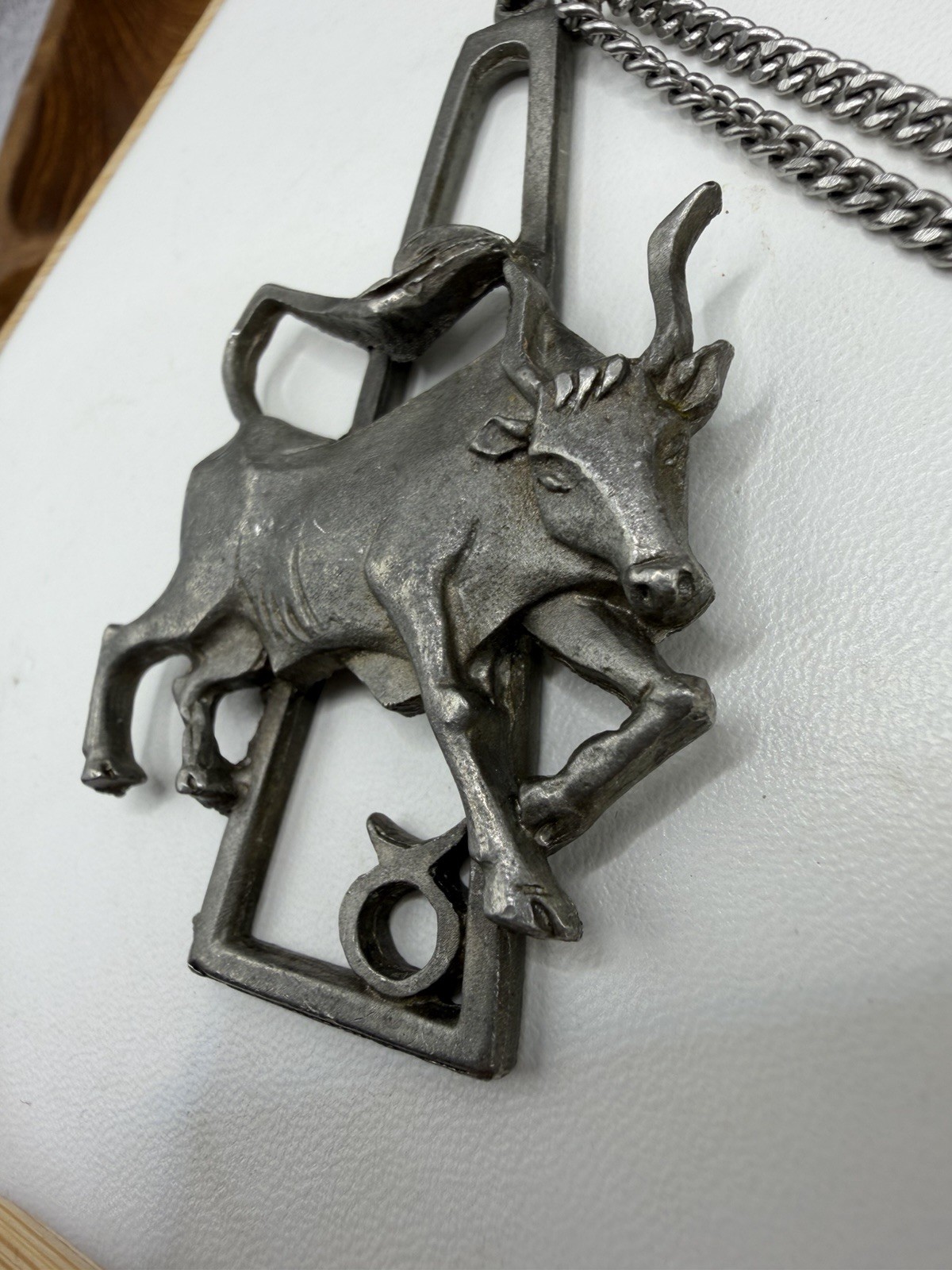 Vintage 1970s Taurus Necklace Zodiac Sign Astrology Cathedral Pewter 24″