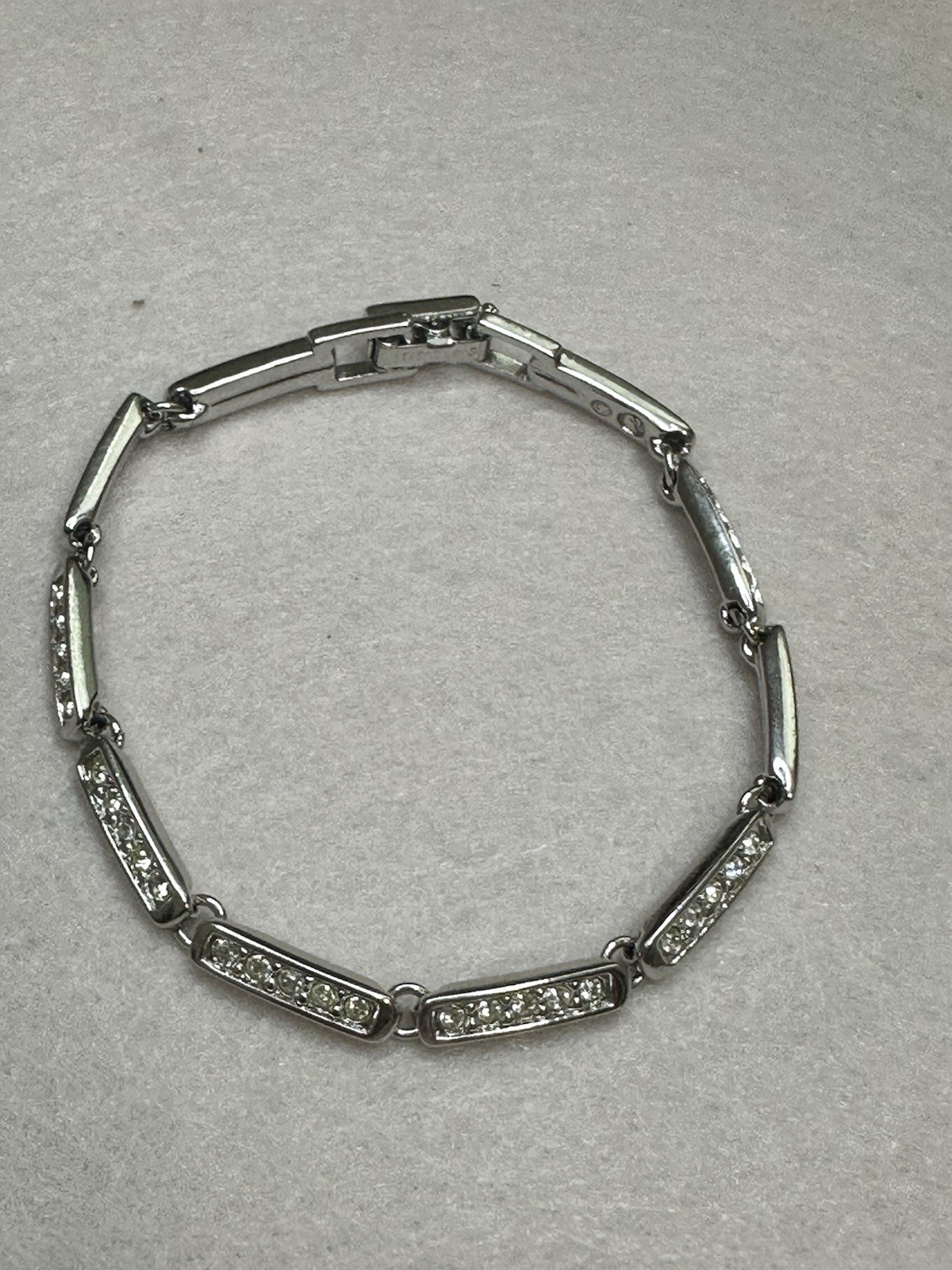 Swarovski Silver Tone Crystal Bar Link Chain Bracelet Fold Over Clasp Signed