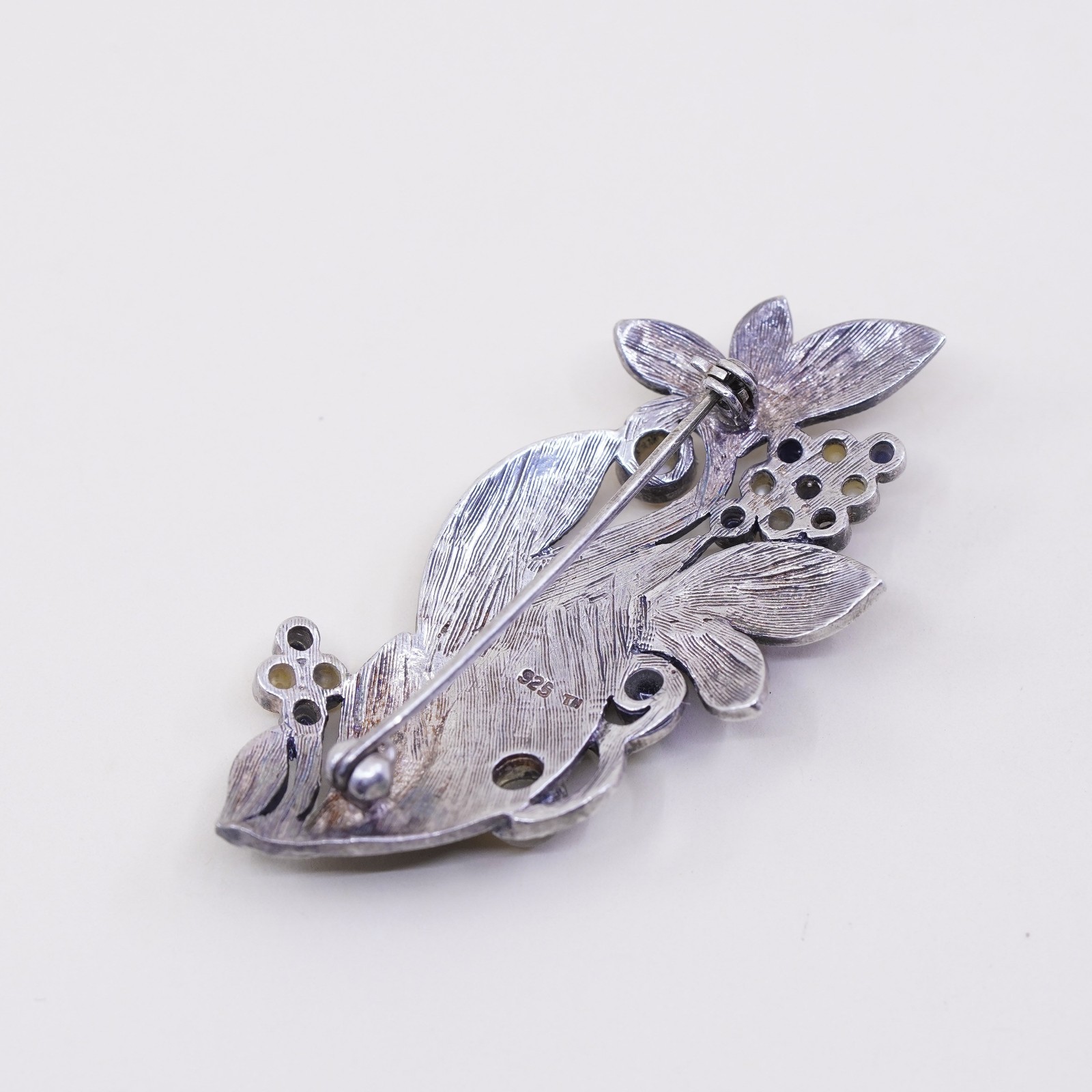 Sterling 925 silver handmade brooch with obsidian mother of pearl and marcasite