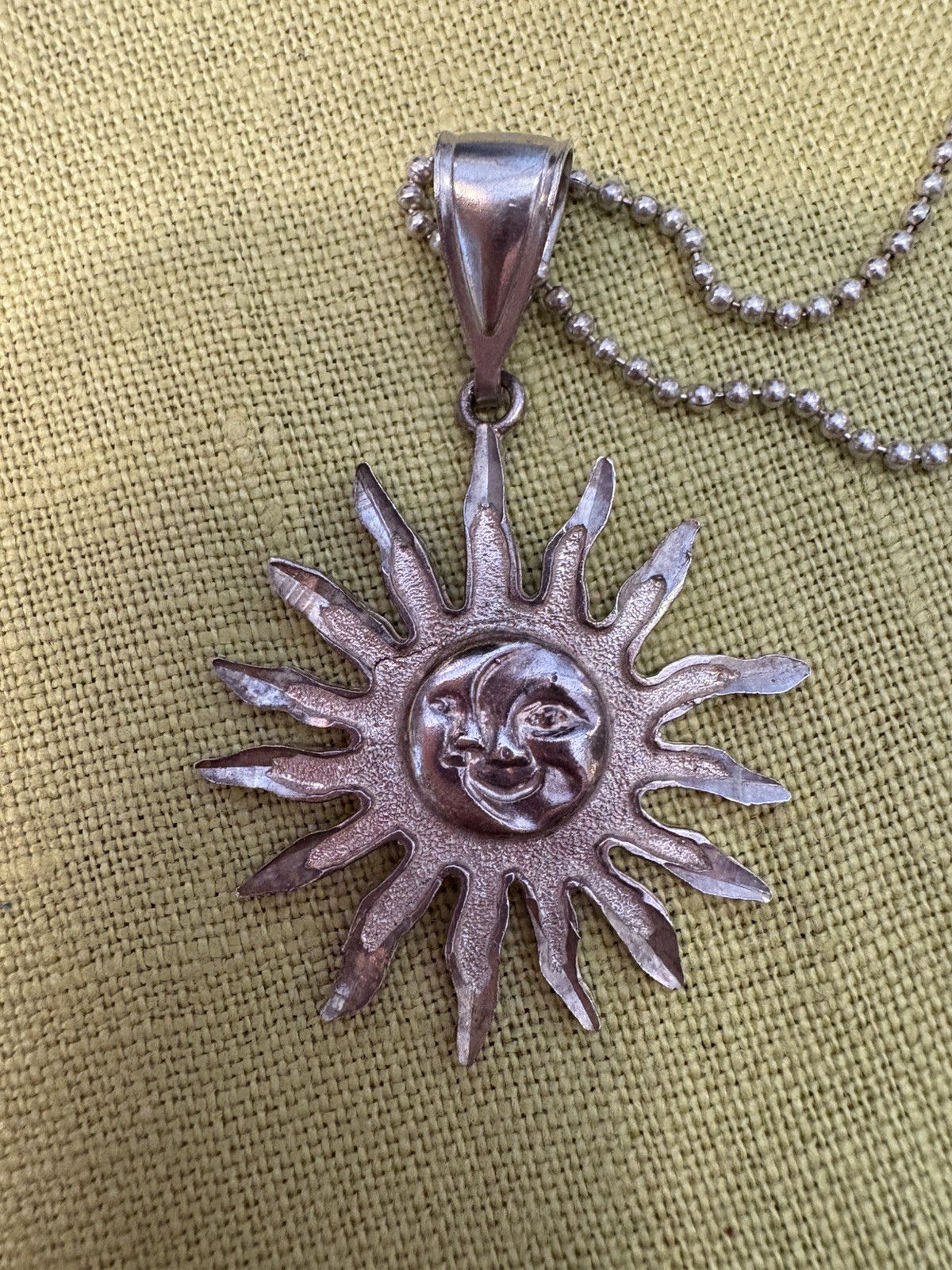 Sterling Silver 925 Sun Moon Pendant Necklace Ball Chain Boho Signed 1 of a Kind