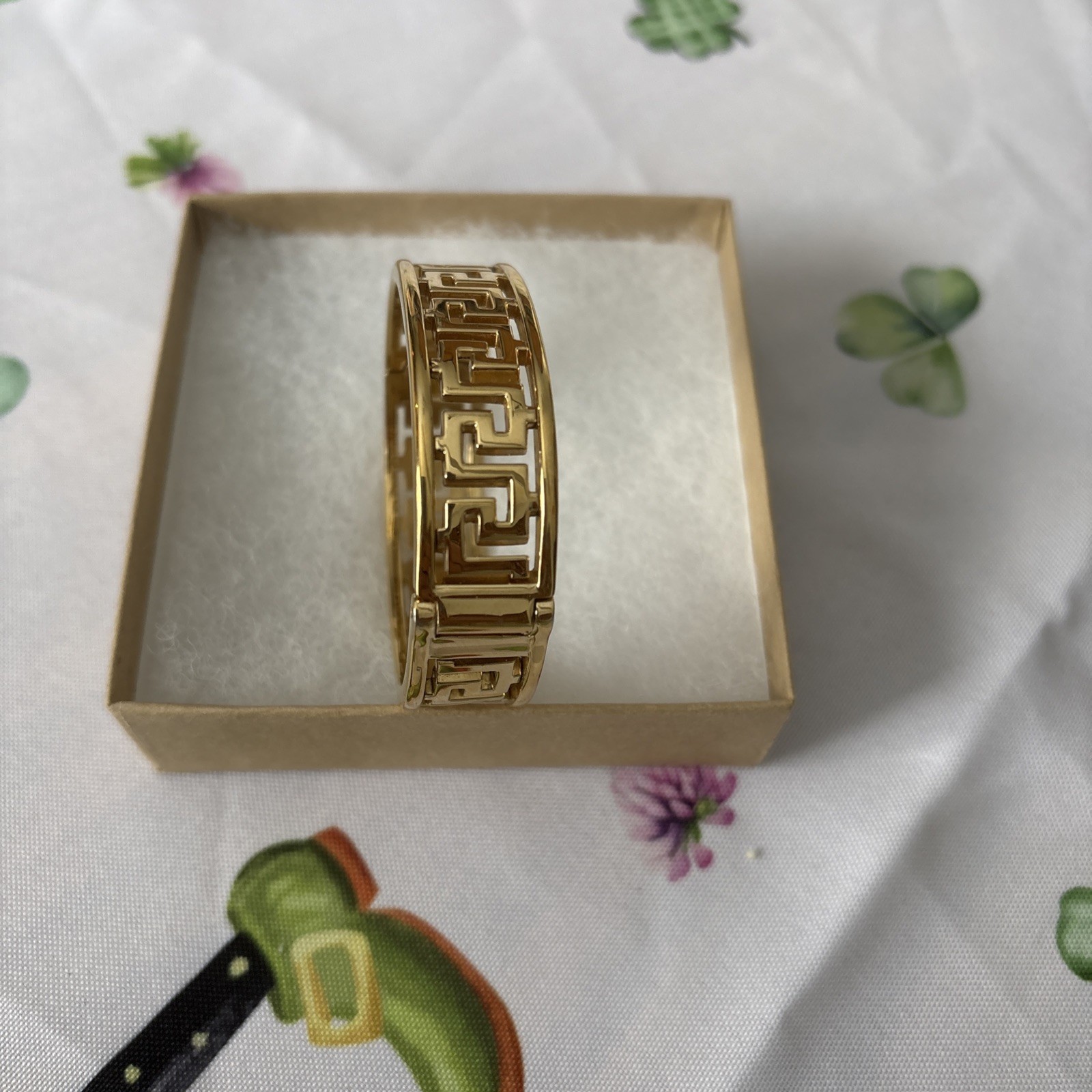 Gold Tone Greek Key Bracelet Hinged Bangle Womens 6.5 Inch Statement