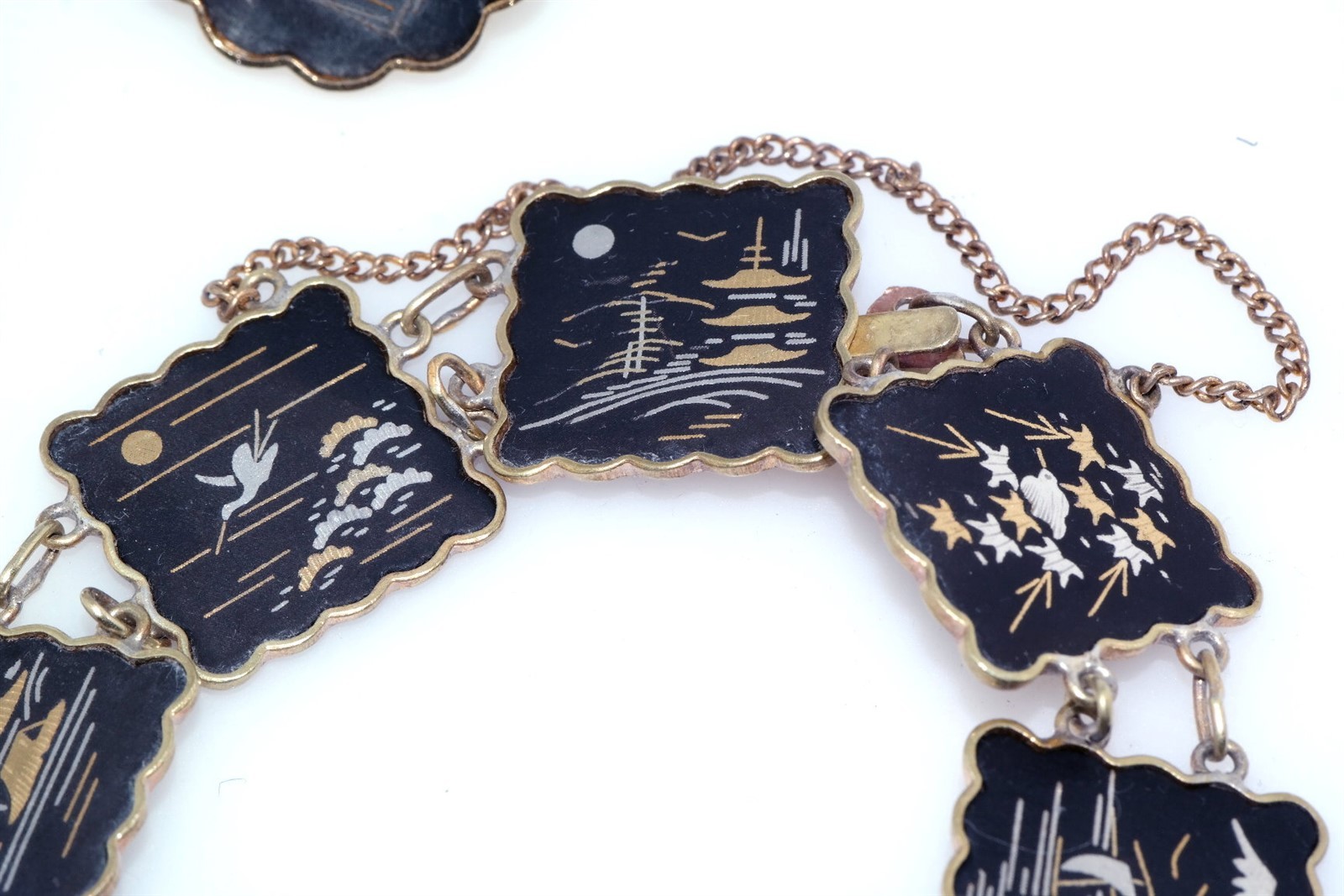 Vtg Japanese Damascene Shakudo Panel Bracelet plus Earrings