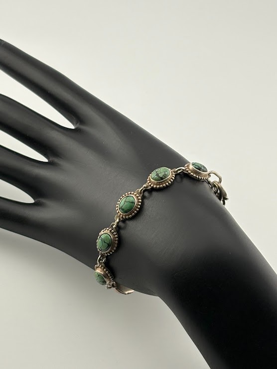 VINTAGE STERLING SILVER GREEN TIBETAN TURQUOISE BRACELET 7″ 14.54G S CHAIN 1476