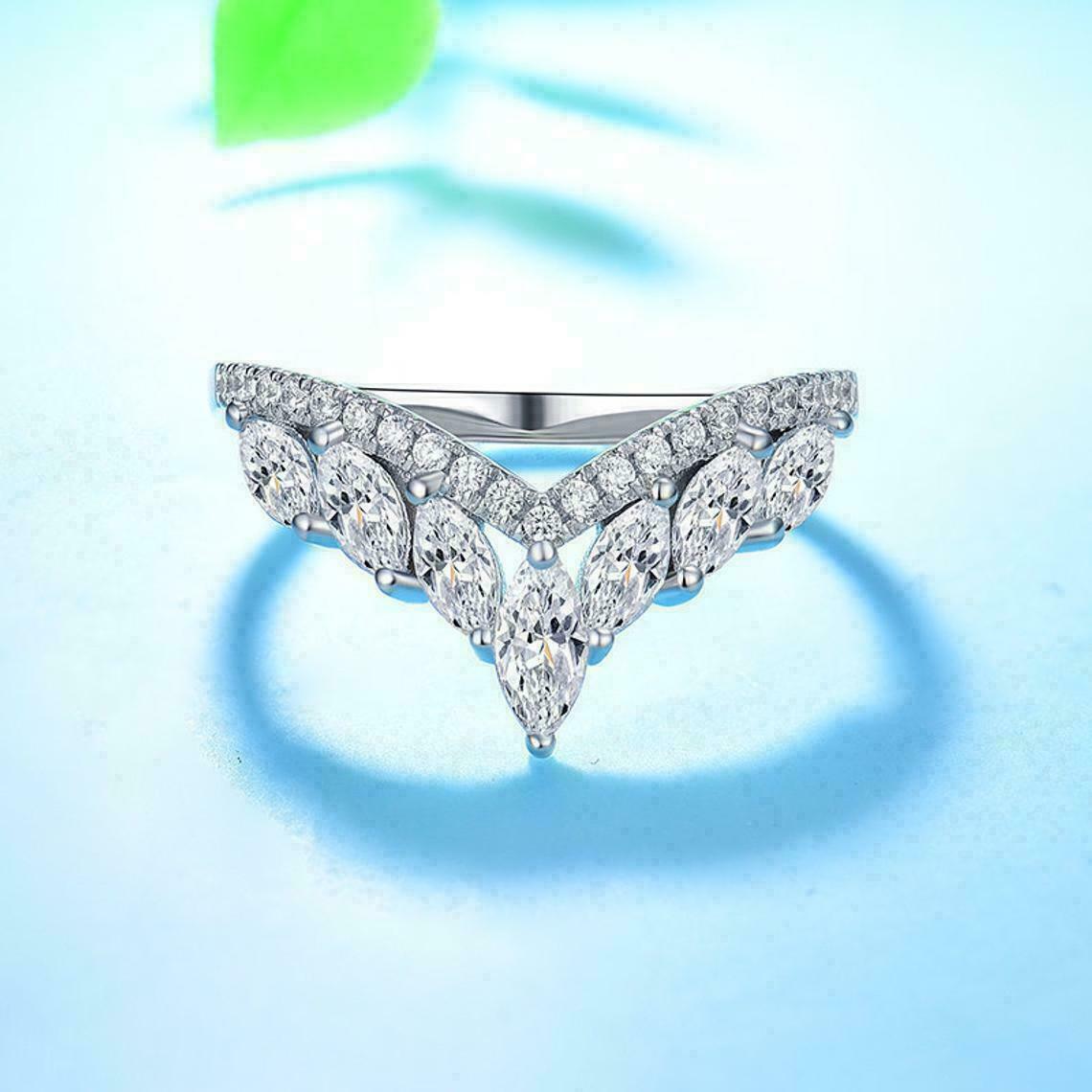 2Ct Marquise Cut Diamond V Shape Wedding Band Ring 14K White Gold Finish