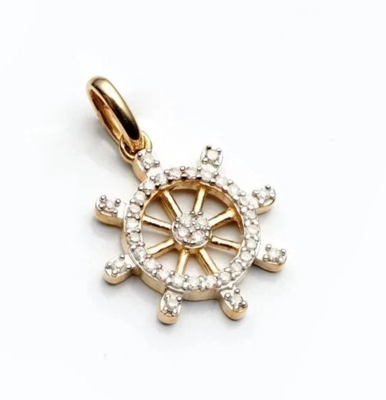 14K Yellow Gold Plated Ship Wheel Charm Pendant 1Ct Real Moissanite Round Cut