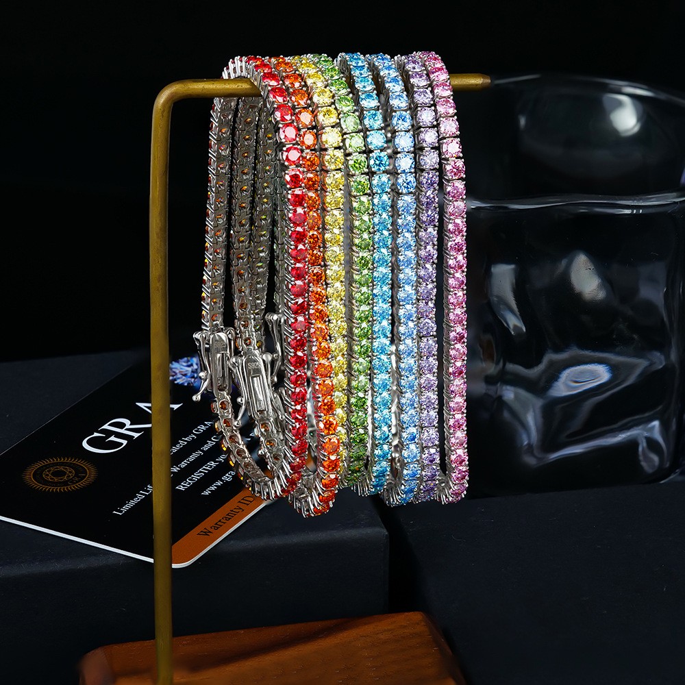 2mm Round Colourful Moissanite Tennis Chain 925 Sterling Silver Bracelet Women