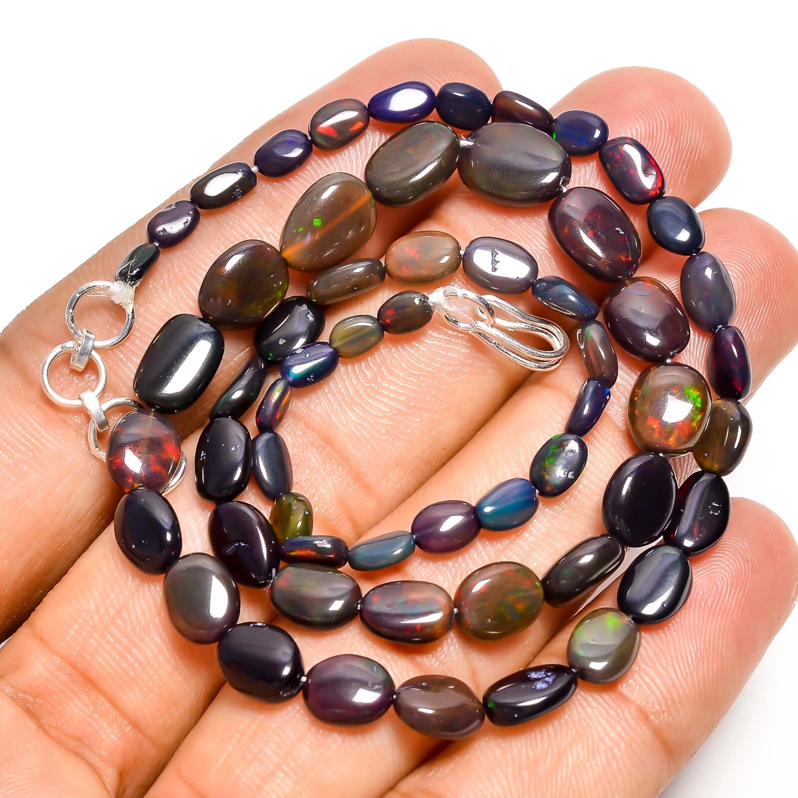 43.5 Ct. Natural Black Ethiopian Opal Oval Smooth Beads Necklace 16-17″ A-4900