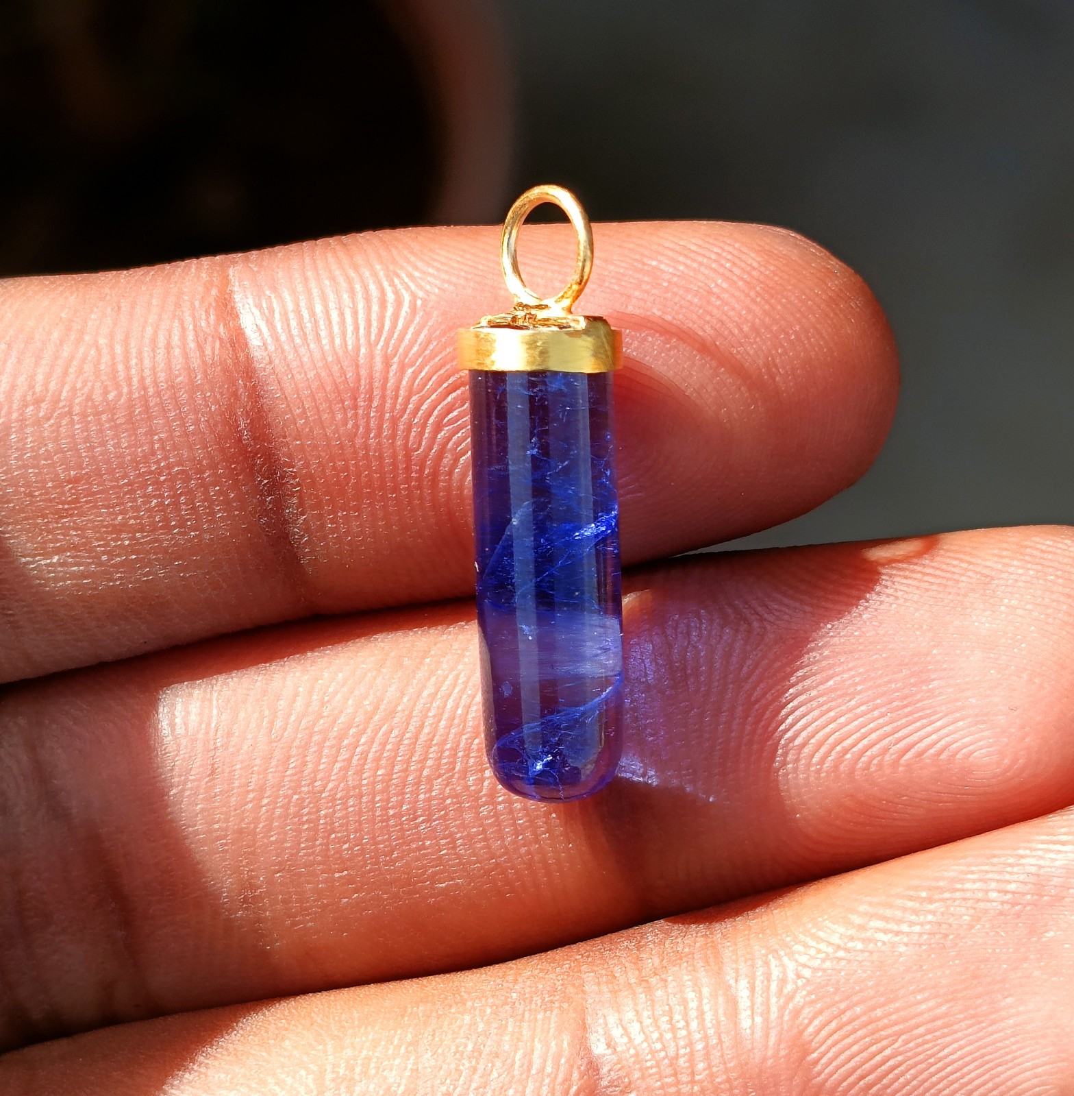 Natural Pencil Blue Sapphire Gold Charm, 18k Solid Gold Handmade Charm Pendant
