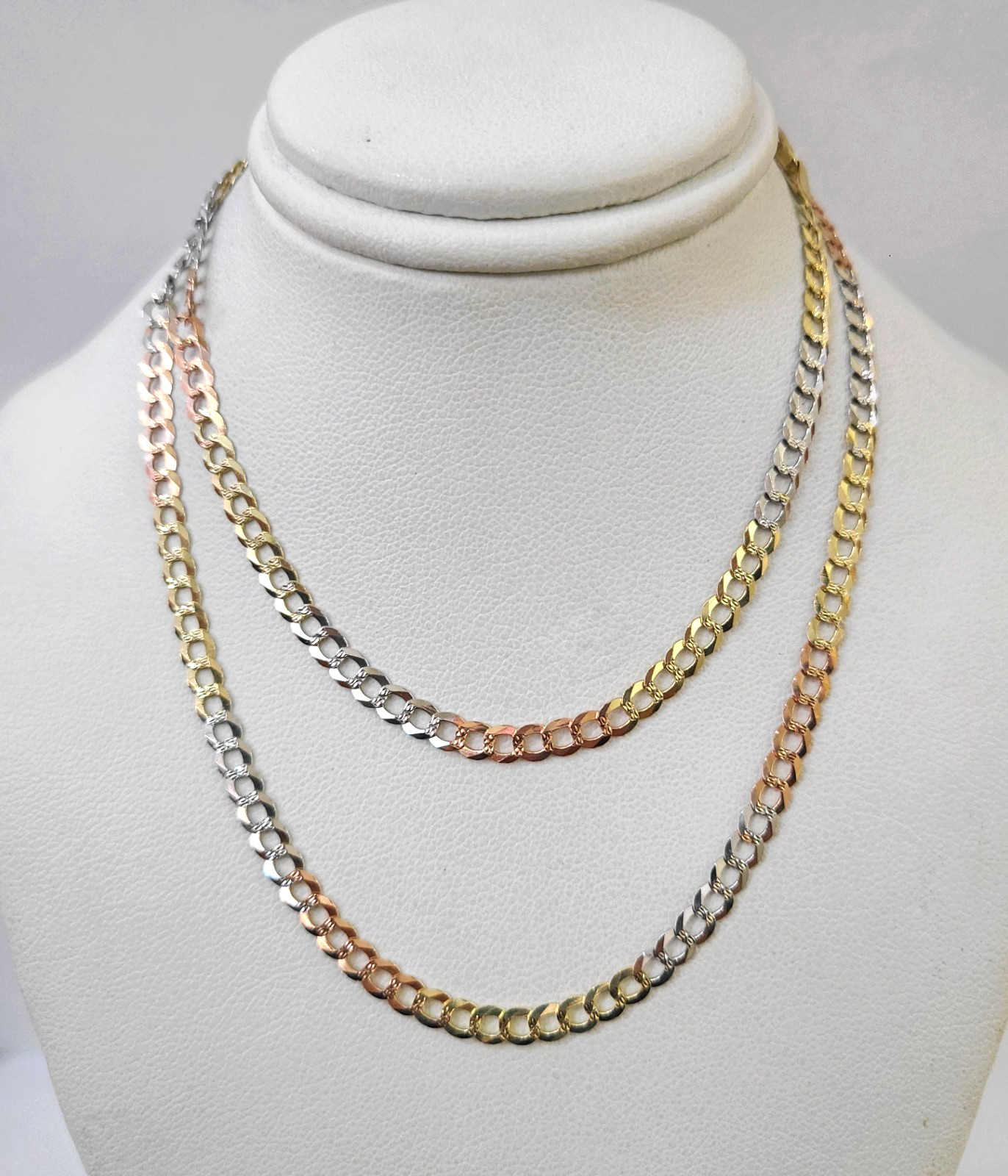Real Solid 4mm 14k Gold Chain Necklace Tri Color Cuban Curb Link 18-28 Inch