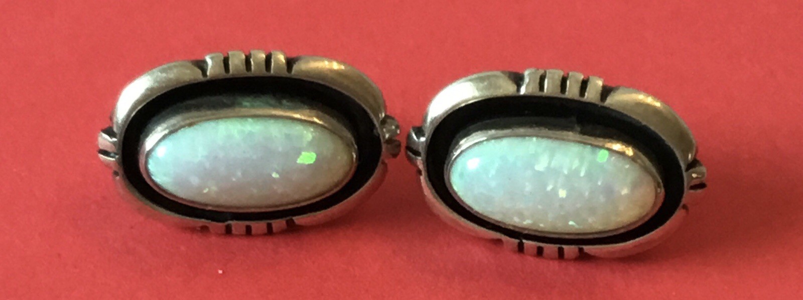 Vintage Navajo Sterling Silver Rainbow Opal Earrings, Artist L.M. Nez 6.3 grams