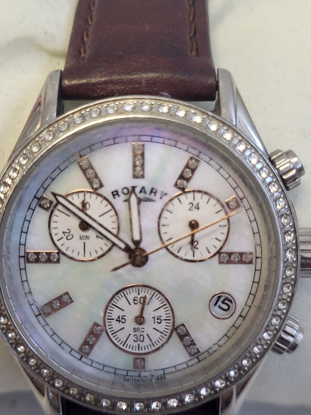 Rotary Chronograph Watch Mother Of Pearl Dial & Leather Strap. PD
