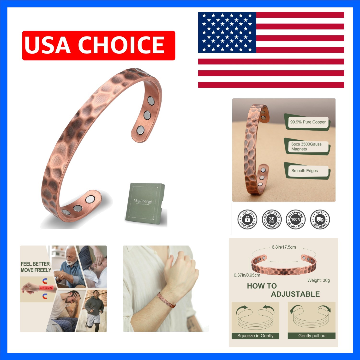 Copper Bracelet for Men and Women, 99.9% Solid Copper Magnetic Bracelets Adju…