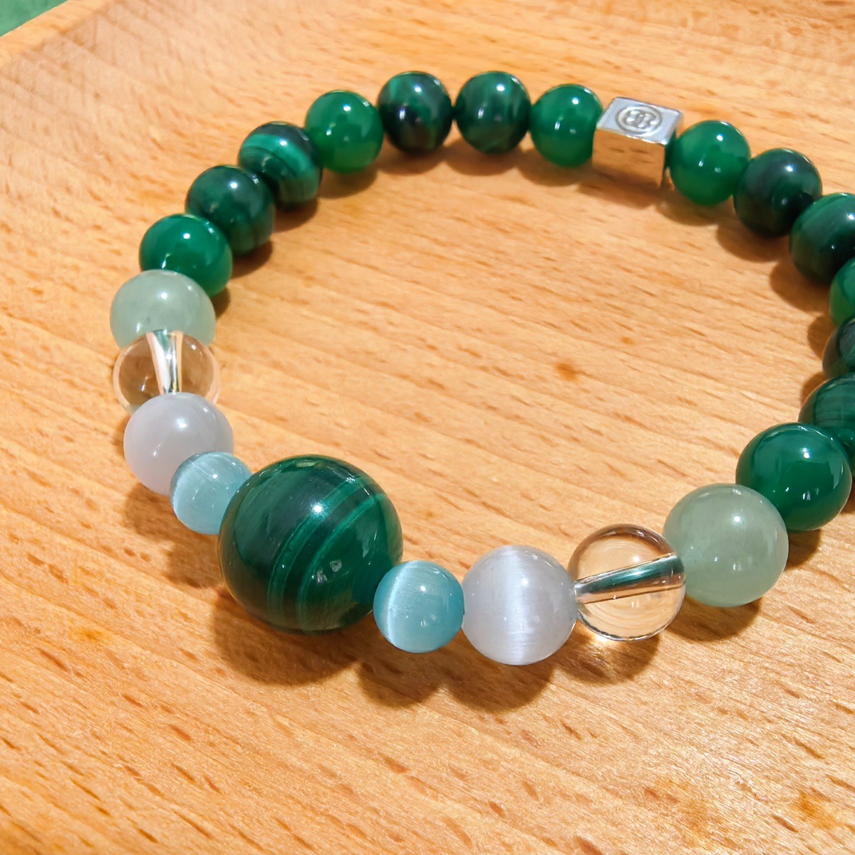 Custom Engraved Bracelet Malachite Green Agate Clear Quartz Beaded Name Jewelry