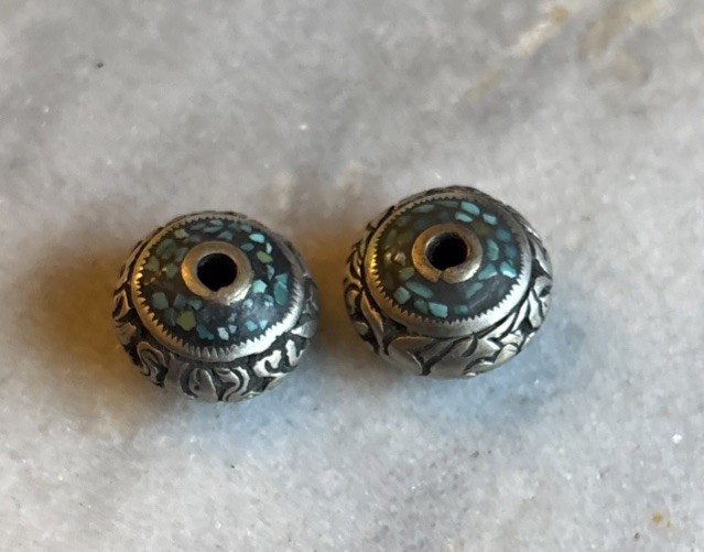 Two Vintage Tibetan Turquoise Beads in Intricate Repousse Silver 15x10mm CC210