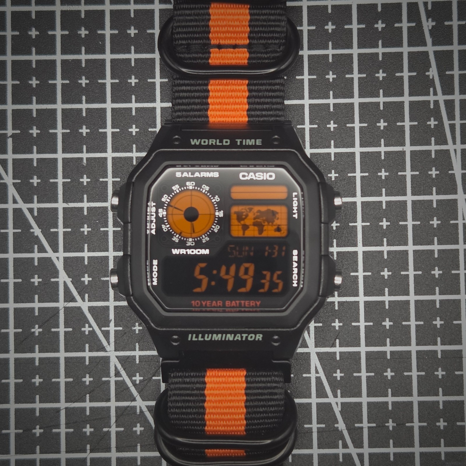 CASIO AE-1200WHD. Royale World Time Watch Mod. Orange Digits Negative. Hydromod.